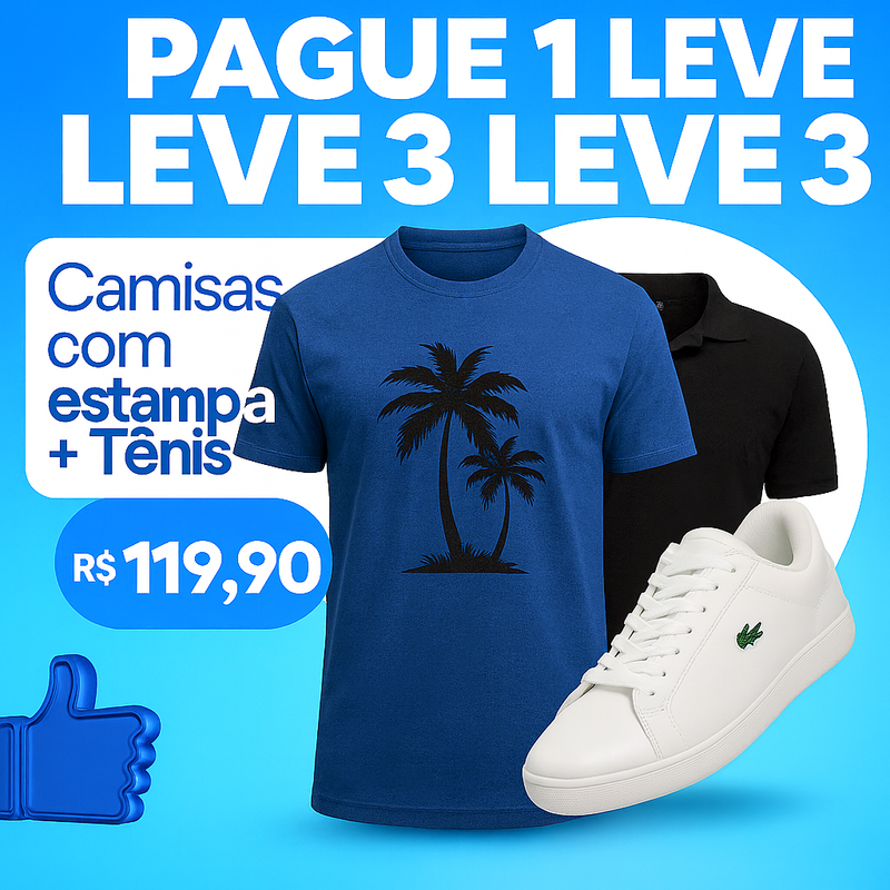 3 camisas com estampa + Tênis (primeiros 10 clientes)